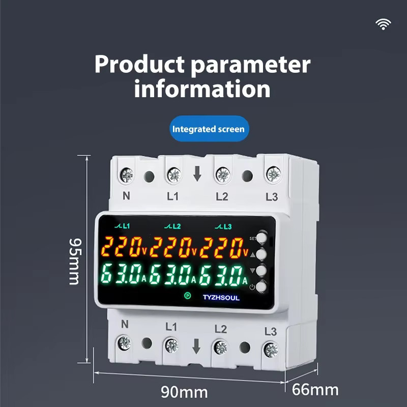 3 Phasen DIN-Schiene Voltmeter und Amperemeter mit einstellbarem Über- und Unterspannungsschutz sowie Strombegrenzung 63 A/100 A in Weiß - Bild 3