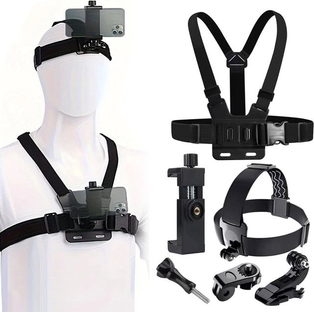 Kamera-Kit mit Kopfband und Brustgurt in Schwarz, verstellbares Zubehör für GoPro Hero 13, 12, 11 und Insta360 sowie Smartphones - Bild 1