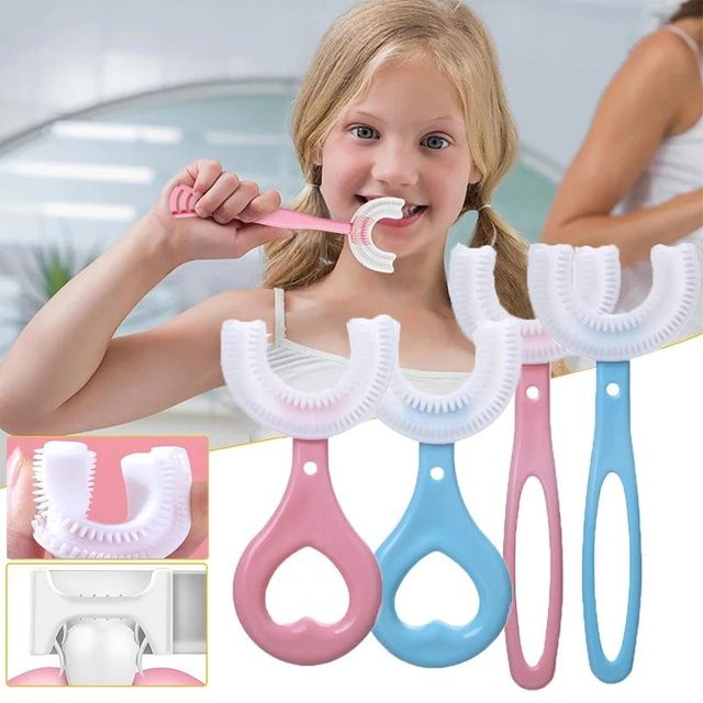 2 Stück thankBUY Kinderzahnbürsten in U-Form mit 360 Grad Reinigung als Beißring für Kleinkinder, Grau und Mehrfarbig - Bild 1