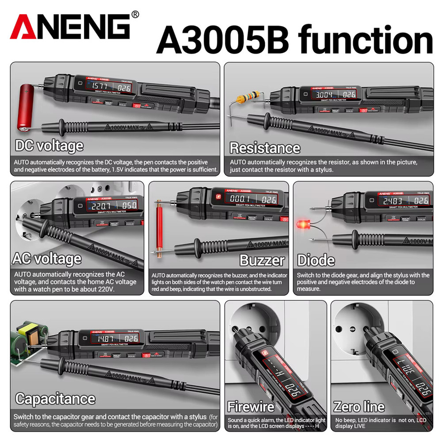 ANENG 6000 Multimeter Stift A3005B Phasenfolge Detektor für AC/DC Spannung Ohm Temperatur und Diode in Schwarz - Bild 5