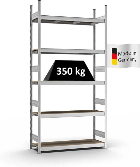 PROREGAL Weitspannregal Stecksystem T-Profil mit 5 Ebenen aus Spanplatten, verzinkt, Farbe: Silber, H x B x T: 300 x 150 x 40 cm - Bild 1