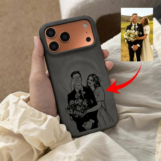 Personalisierte iPhone Hülle mit Lasergravur deines Fotos für iPhone 13 14 15 16 17 Pro Max Air in Grau mit Magnetfunktion oder Kartenfach - Bild 1