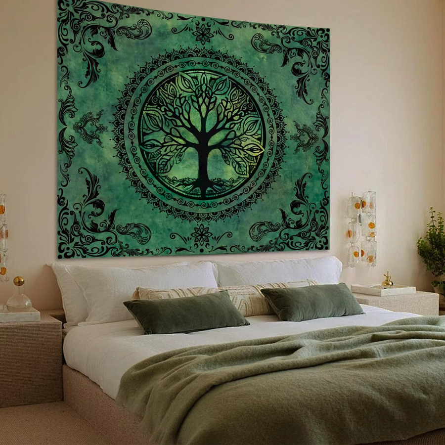 VIKAMA Wandteppich Grüner Naturbaum des Lebens mit Mandala im Boho Hippie Stil, Ästhetischer Wandbehang für dein Schlafzimmer, B/H: 160 x 120 cm - Bild 2