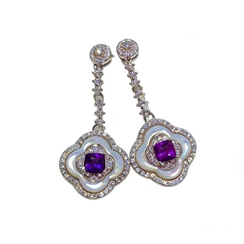 Ohrringe Kleeblatt, 925 Silber, Amethyst, Perlmutt, Zirkonia, Damen - Bild 2