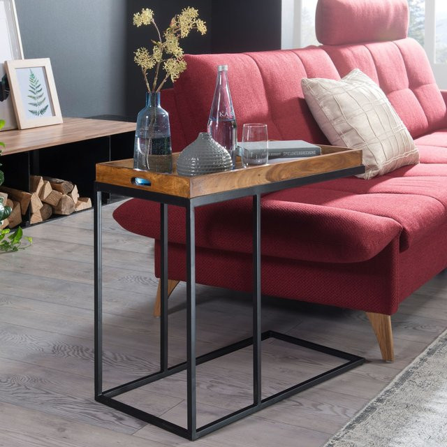 FineBuy Beistelltisch aus Sheesham Massivholz und Metall in Braun, B/T/H: 65,0 x 34,0 x 69,0 cm - Bild 1
