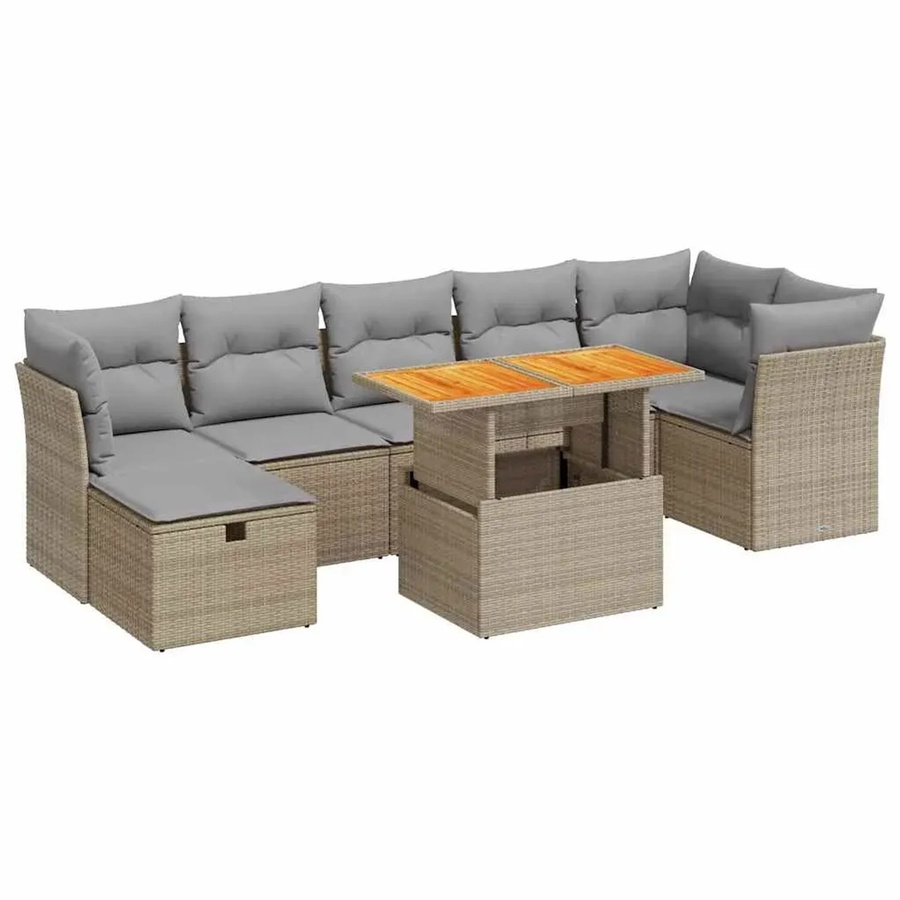 vidaXL 8-teilige Garten-Sofagarnitur in L-Form mit Kissen und Couchtisch, Beige, Poly Rattan und Akazie - Bild 2