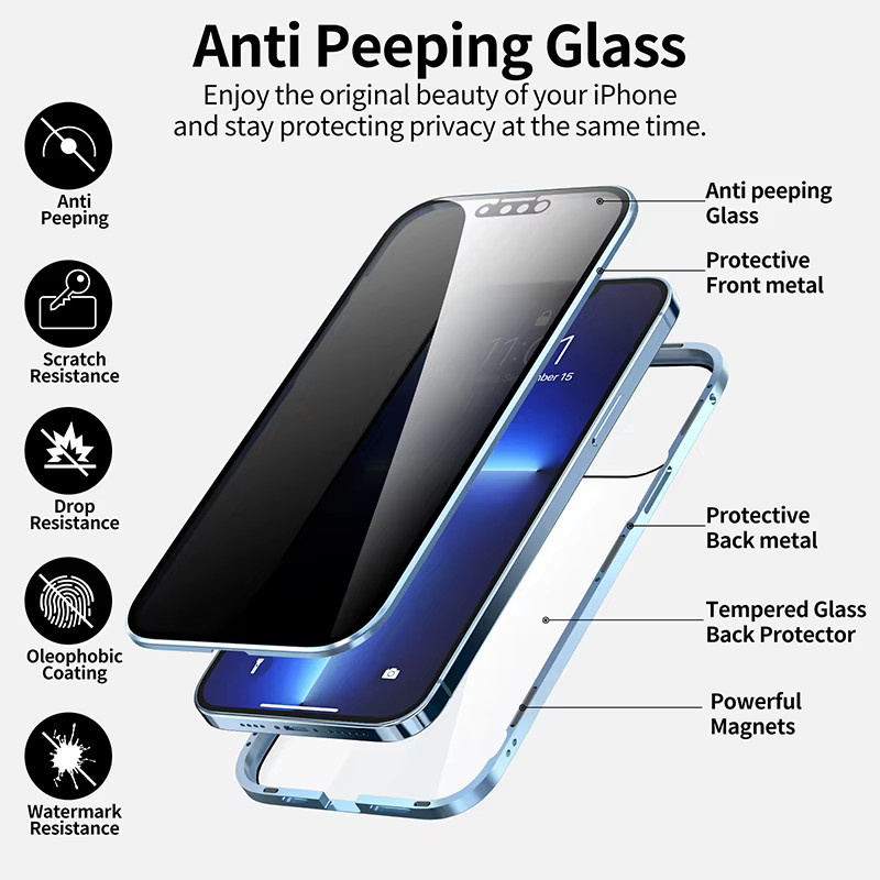 Magnetische iPhone 16 Schutzhülle aus Metall mit Anti-Peeping-Funktion und doppelseitigem Glas in Gold - Bild 3