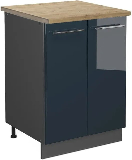 Vicco Küchenunterschrank Fame-Line Dunkelblau Hochglanz und Anthrazit mit Arbeitsplatte Eiche, Breite: 60 cm - Bild 1