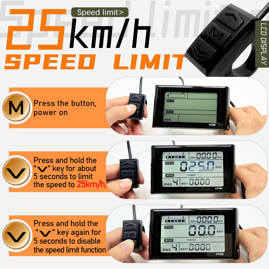 Kunteng SW900 E-Bike LCD-Display Messgerät in Schwarz mit SM/Wasserdichtem Stecker für 24V 36V 48V 52V 60V 72V E-Bike-Umbausätze - Bild 3