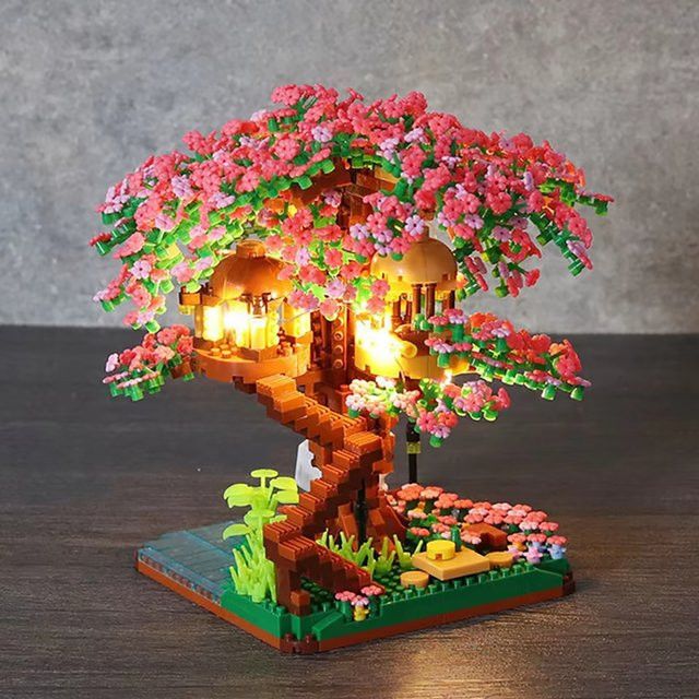 KNEW BUILT Sakura-Baum-Mikroblöcke mit LED-Leuchten als Kirschblüten-Baumhaus-Modell und romantisches 3D-Nachtlicht-Dekor - Bild 1