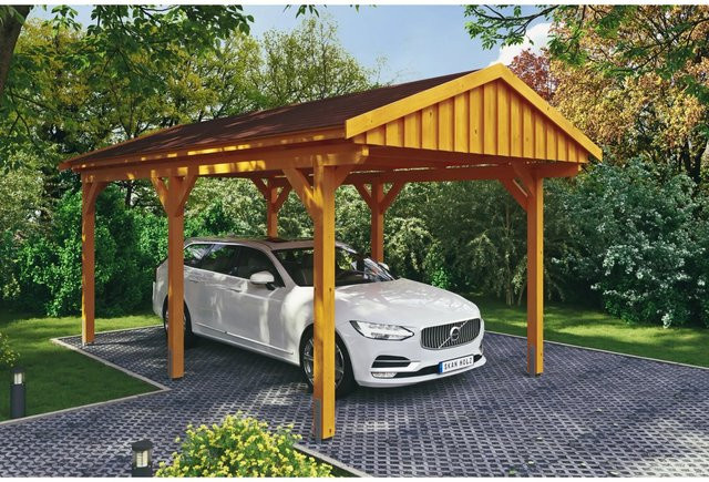 Skan Holz Carport Fichtelberg aus Fichte und Leimholz in Beige mit spitzer Dachform, B/T: 317 x 566 cm, Höhe: 303 cm - Bild 1