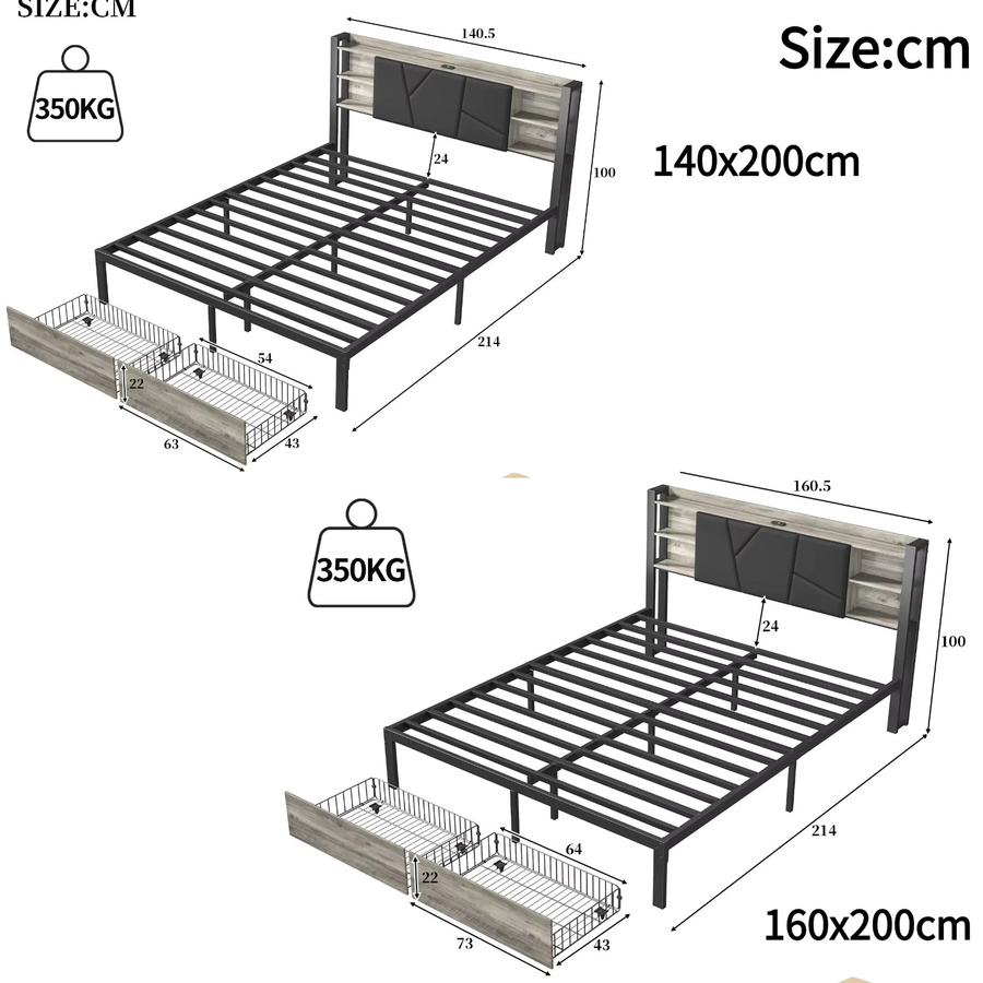 Comanlai Metallbettgestell mit LED-Beleuchtung, 2 Schubladen und USB-Ladeanschluss, modernes Doppelbett mit Lattenrost, B/T/H: 140 x 200 cm - Bild 3