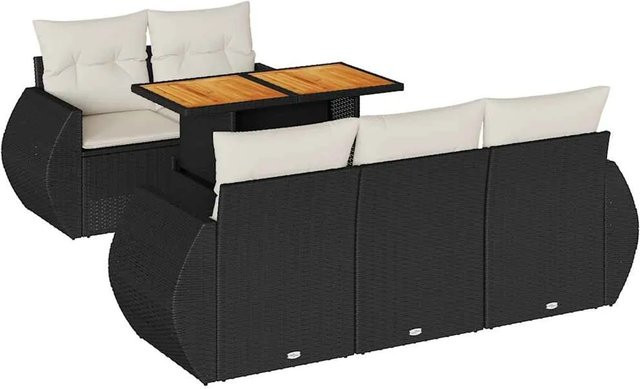 vidaXL 6-teilige Garten-Sofagarnitur in L-Form aus Polyrattan und Akazienholz mit Kissen in Schwarz und Cremeweiß - Bild 1