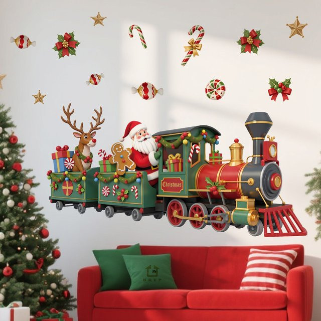 BRUP Weihnachtsmann-Zug Wandaufkleber mit Candy und Stechpalme, selbstklebend und abnehmbar, Mehrfarbig - Bild 1