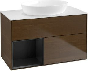 V&B Waschtischunterschrank Finion 100 in Weiß mit blauem Regal und Walnuss-Dekor, B/T/H: 100 x 50,1 x 50,1 cm - Bild 1