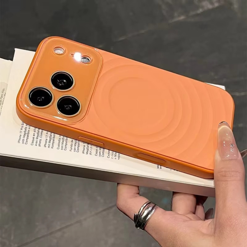 Apple Flüssigsilikon-Handyhülle mit Wasserwellenmuster und großem Fenster für iPhone 17 16 15 Pro Max, MagSafe kompatibel, Grau und Orange - Bild 2