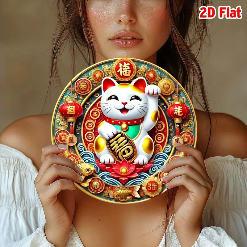 Potdemiel Maneki Neko Aluminium-Wandkunst, runde Wanddekoration mit Laternen und floralen Motiven in Rot und Gold, Durchmesser: 20,32 cm - Bild 3