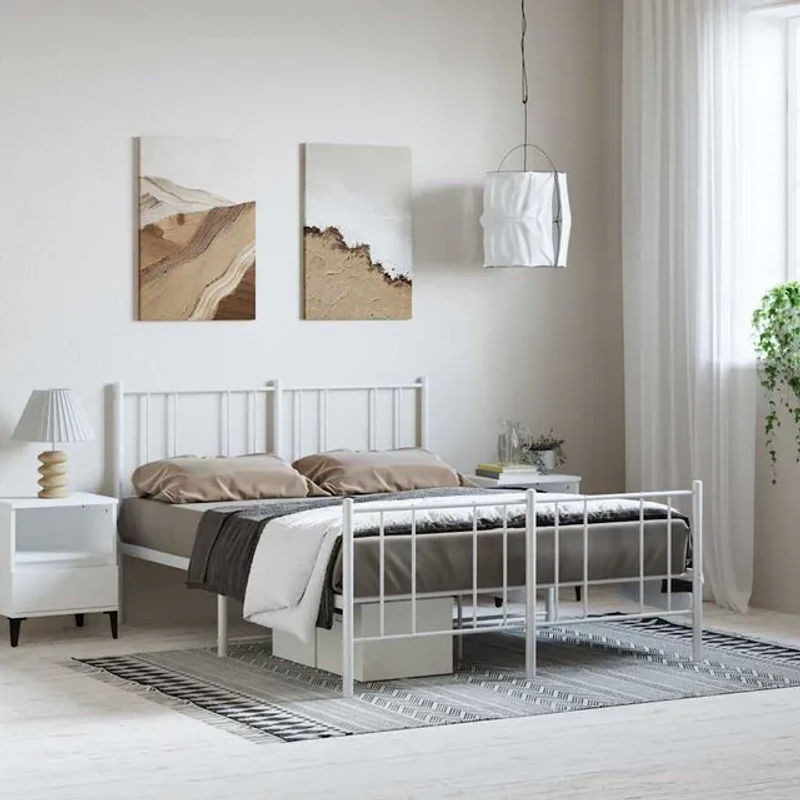 Vidaxl Metall-Bettgestell mit Kopfteil und Fußteil in Weiß, B/T/H: 150 x 200 cm - Bild 1