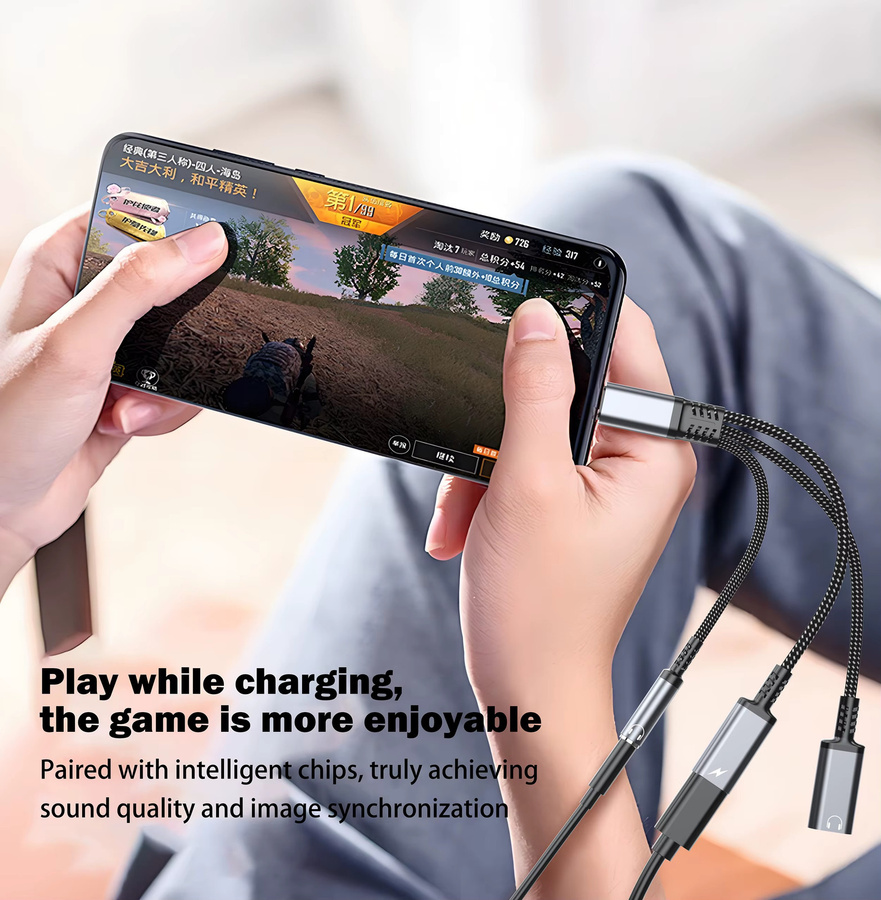 3-in-1 PD 60 W Schnellladeadapter mit USB-C auf Dual USB-C und 3,5 mm Klinke für iPhone 16 15 und Samsung in Schwarz und Rot - Bild 5