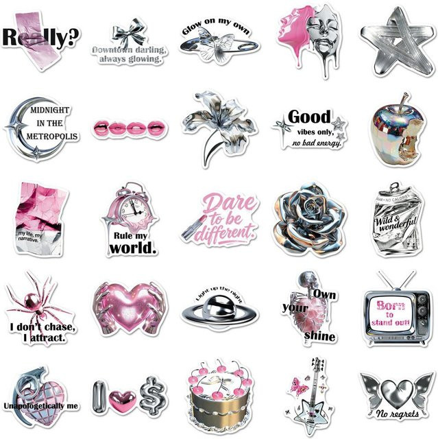 Binchi Outdoor Product Y2K Silberpuder Aufkleber Set, 50 Blatt Koreanisch Ästhetisch DIY Scrapbook Sticker in Silber - Bild 1