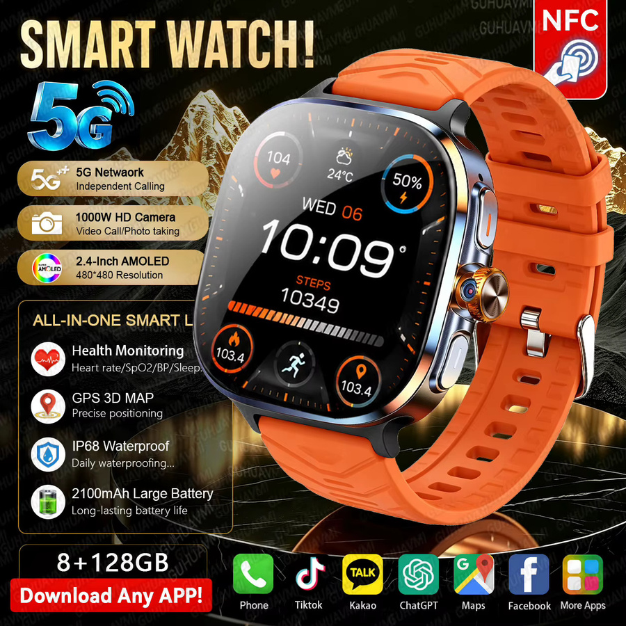 GUHUAVMI Smartwatch mit 2,4 Zoll AMOLED-Bildschirm, 5G/4G Allnetz-SIM, 8GB RAM, 128GB Speicher, 1000W Kamera, GPS, WIFI und Google Play, verfügbar in Orange und Schwarz - Bild 2
