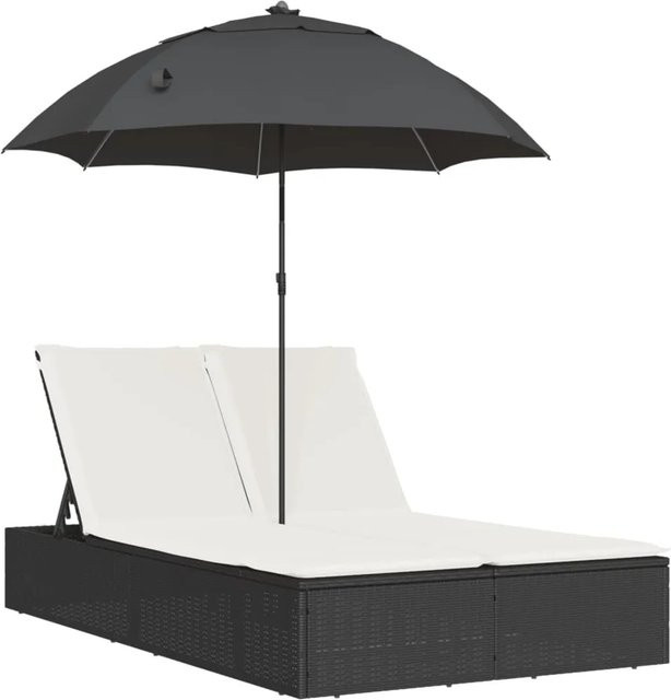 vidaXL Doppel-Sonnenliege aus Poly-Rattan mit Sonnenschirm und Kissen in Schwarz - Bild 1
