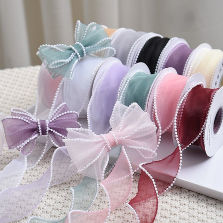 WIKIJIM Organza Geschenkband mit Perlenrand in Lila, Breite: 4 cm