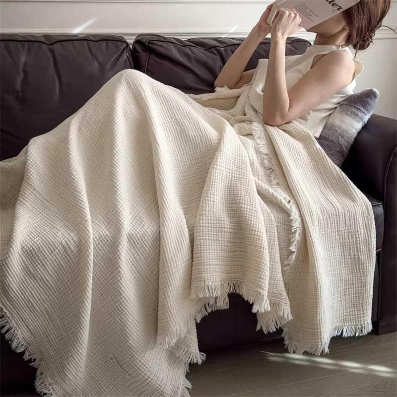 Y Home Quasten-Dekor Überwurfdecke aus 100 % Baumwolle, grob gestrickte Gaze-Decke mit Fransen, Beige oder Weiß - Bild 3