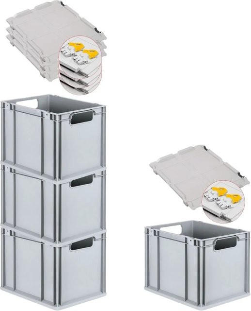 PROREGAL Spar Set 4x Eurobox Nextgen Economy mit Scharnierdeckel und gelben Schiebeschnappverschlüssen, Grau, H: 32 cm, B: 30 cm, T: 40 cm - Bild 1