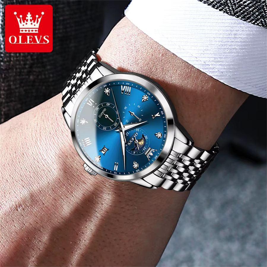 OLEVS Armbanduhr, Quarz, Chronograph, Edelstahl, Blau, Herren - Bild 2