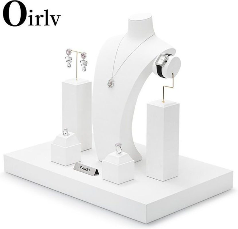 Oirlv Schmuck Display Set aus weißem PU-Leder und Metall für Halsketten, Ohrringe, Armreifen und Ringe - Bild 1