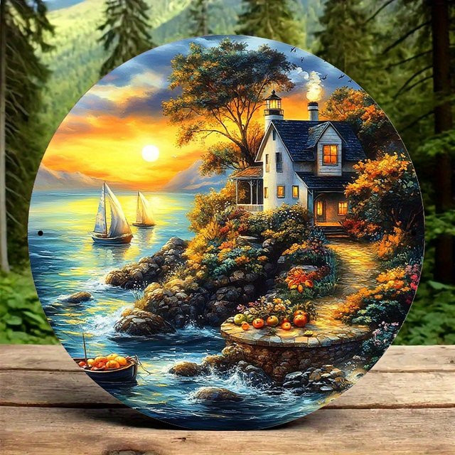 Runder Aluminium-Rundrahmen von Potdemiel mit 2D-Gemälde Leuchtturm und Wellen in Weiß, Durchmesser: 20 cm - Bild 1
