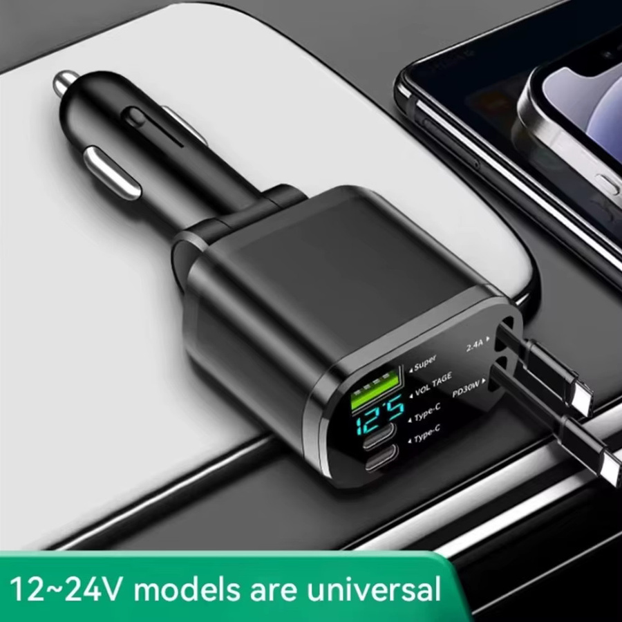 Kebidumei 5-in-1 Einziehbares Autoladegerät mit USB-C, PD und QC3.0 Fast Charge Zigarettenanzünder-Adapter für iPhone, Huawei und Samsung in Schwarz - Bild 4