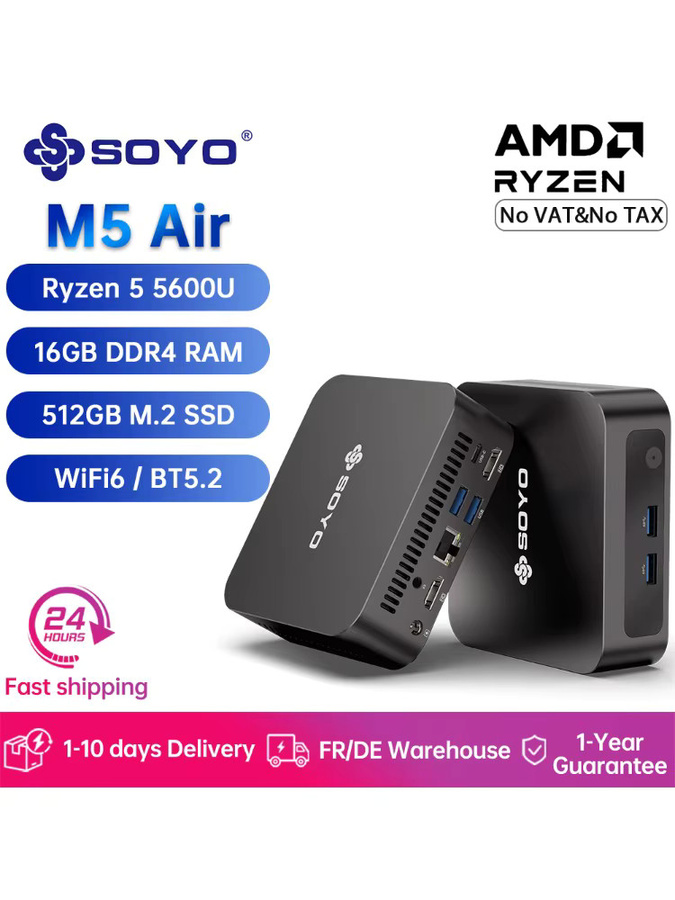 SOYO M5 Air Mini-PC mit AMD Ryzen 5 5600U, 16GB DDR4, 512GB M.2 SSD, Windows 11 Pro, WiFi6 und Bluetooth 5.2, Schwarz - Bild 3