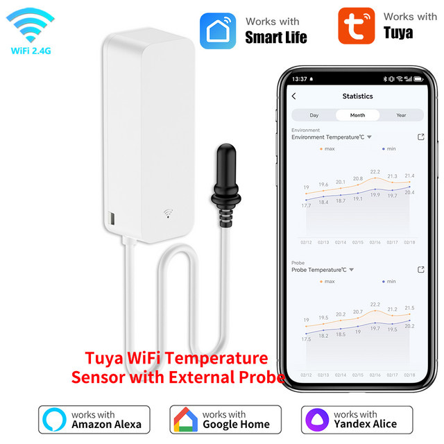 SaltComm WiFi Temperatur und Feuchtigkeit Sensor mit externer Sonde für Smart Home, kompatibel mit Tuya Smart, Leben, Alexa und Google Home, Weiß/Beige - Bild 1