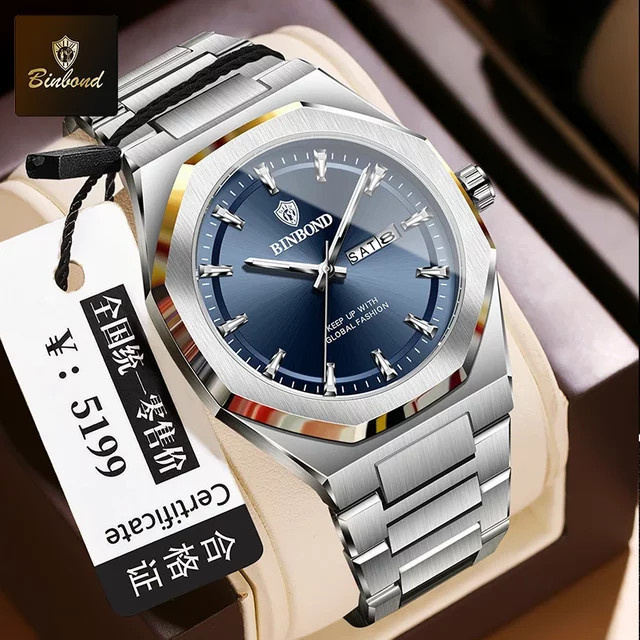 BINBOND Armbanduhr Edelstahl, Quarz, Blau, Herren - Bild 1
