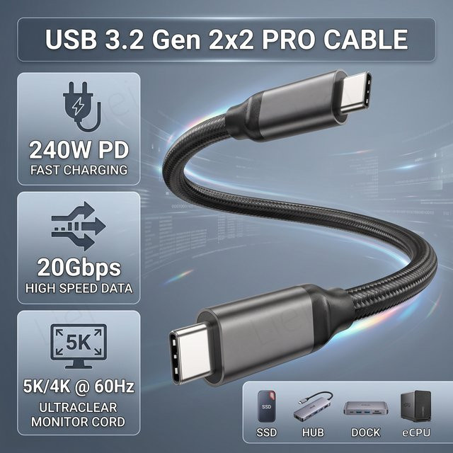LIEI USB-C 3.2 Gen 2x2 Kabel in Schwarz mit 20Gbps Datenübertragung, 4K@144Hz Monitor-Unterstützung und 240W PD Schnellladung für SSD, Hub, Dock und EGPU - Bild 1