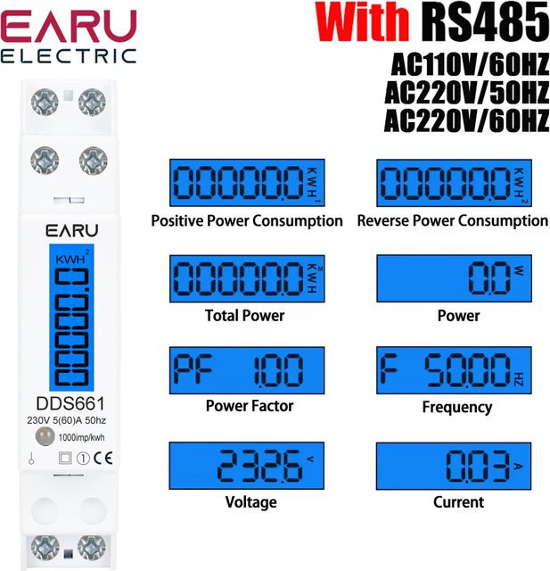 EARU Einphasiger Strom-Spannungs-Frequenz-Energie-Verbrauchsmesser mit RS485 und Hintergrundbeleuchtung in Weiß - Bild 1