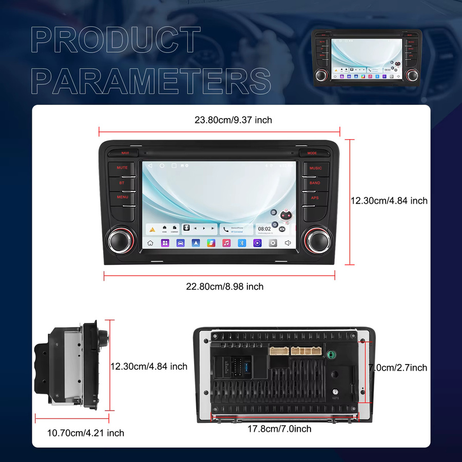 Podofo 2DIN Intelligentes Autosystem mit Carplay, Android Auto, Mirror Link, GPS und WLAN für Audi A3 8P 8P1 S3 RS3 Sportback in Schwarz - Bild 4