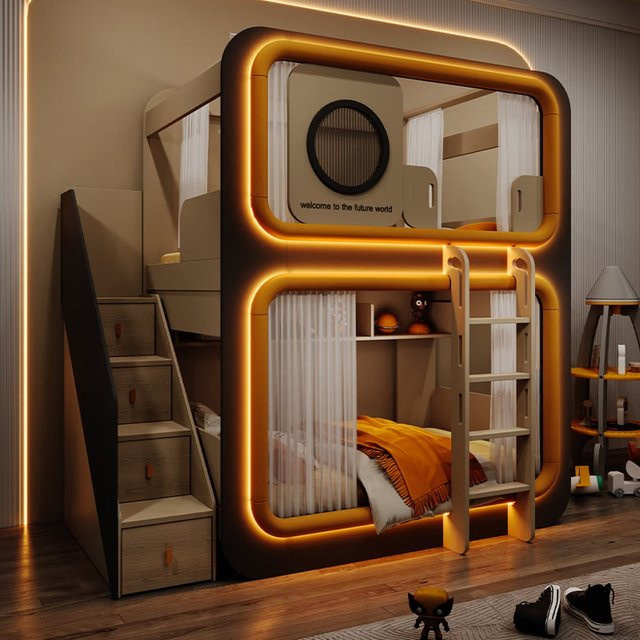 MODX Kapsel-Design Etagenbett Twin-Over-Full für Mutter und Kind mit integrierter Unterbettbeleuchtung und Schubladen in modernem Design aus Holz und Spanplatte, Breite: 120 cm, Länge: 200 cm - Bild 1