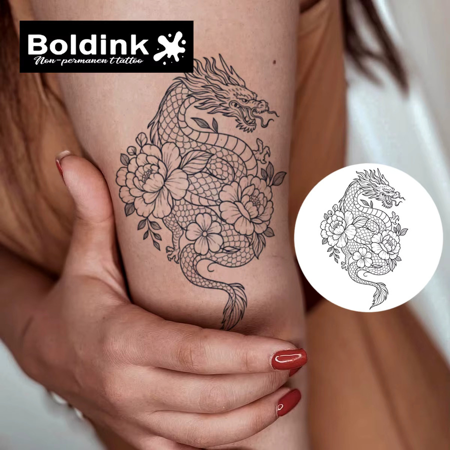 Boldink Nicht permanentes Tattoo, Blumen- und Drachen-Design, wasserfest - Bild 2