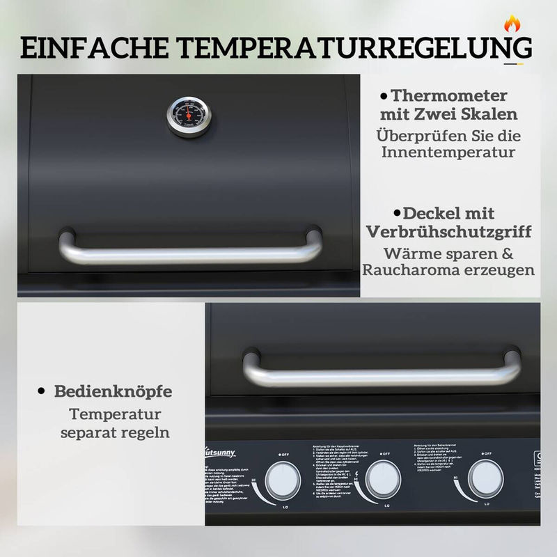 Outsunny Gasgrill aus Edelstahl mit 3+1 Brennern, Seitenbrenner, Thermometer und Kochfeld, B/T/H: 118,5 x 56 x 110 cm - Bild 4