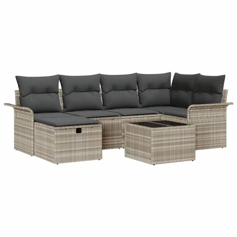 vidaXL Garten-Sofa-Set aus Polyrattan in Hellgrau, 7-teilige Lounge-Garnitur mit Kissen, Ecksofa, Sesseln, Ottoman und Tisch für Garten und Terrasse - Bild 2