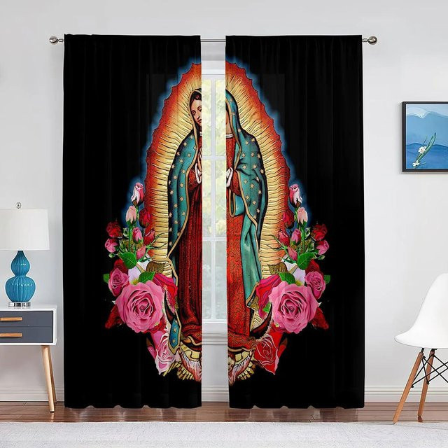 2er Set Transparente Vorhänge mit Mexikanischem Heilige Jungfrau Maria Motiv und Floralem Design, B: 50 cm, H: 160 cm - Bild 1