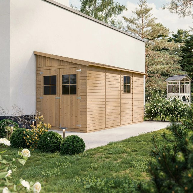 Timbela Anbau-Gartenhaus aus Holz M340+M340G mit 8 m² Grundfläche und Boden ohne Seitenwand - Bild 1