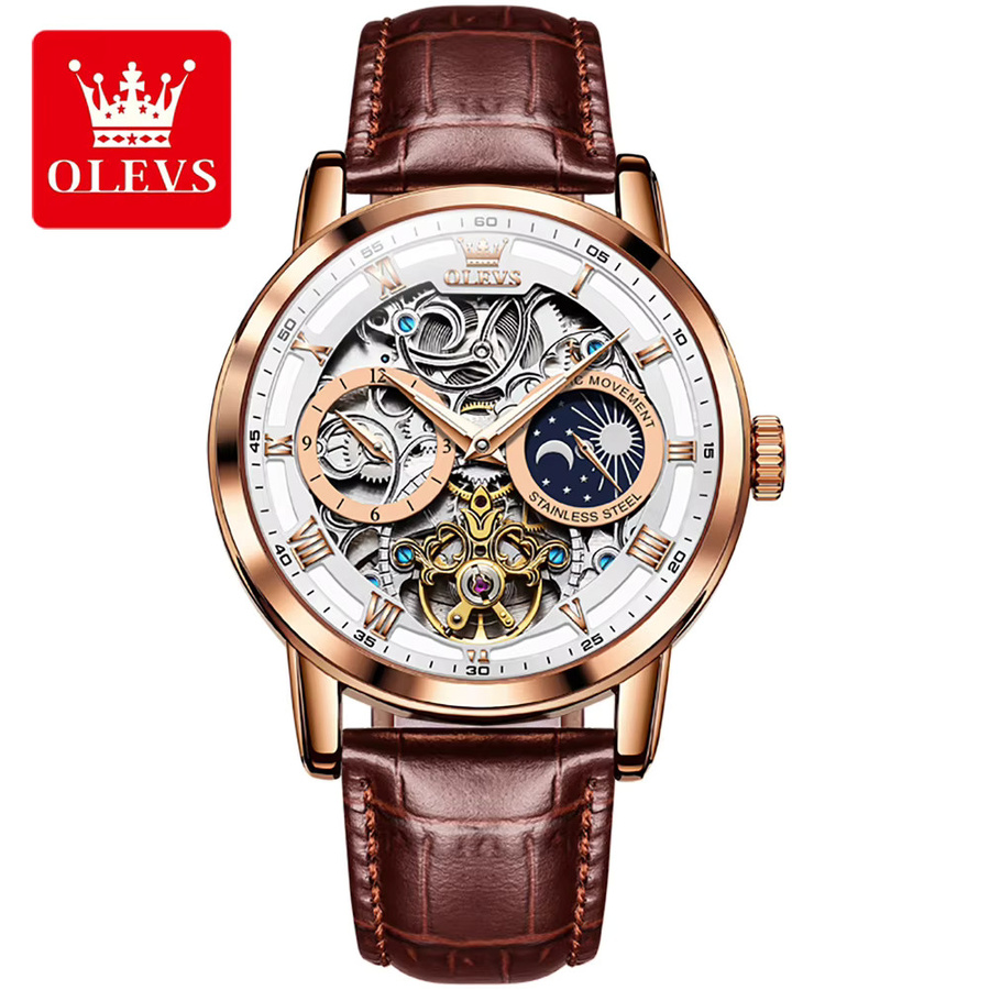 OLEVS Armbanduhr, Automatik, Skelett, Edelstahl, Leder, Herren - Bild 6
