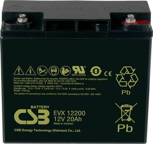 CSB Battery EVX 12200 AGM Bleiakku 12V 20Ah Schwarz B/H/T: 18,1 x 16,7 x 7,6 cm M5-Schraubanschluss zyklenfest - Bild 1