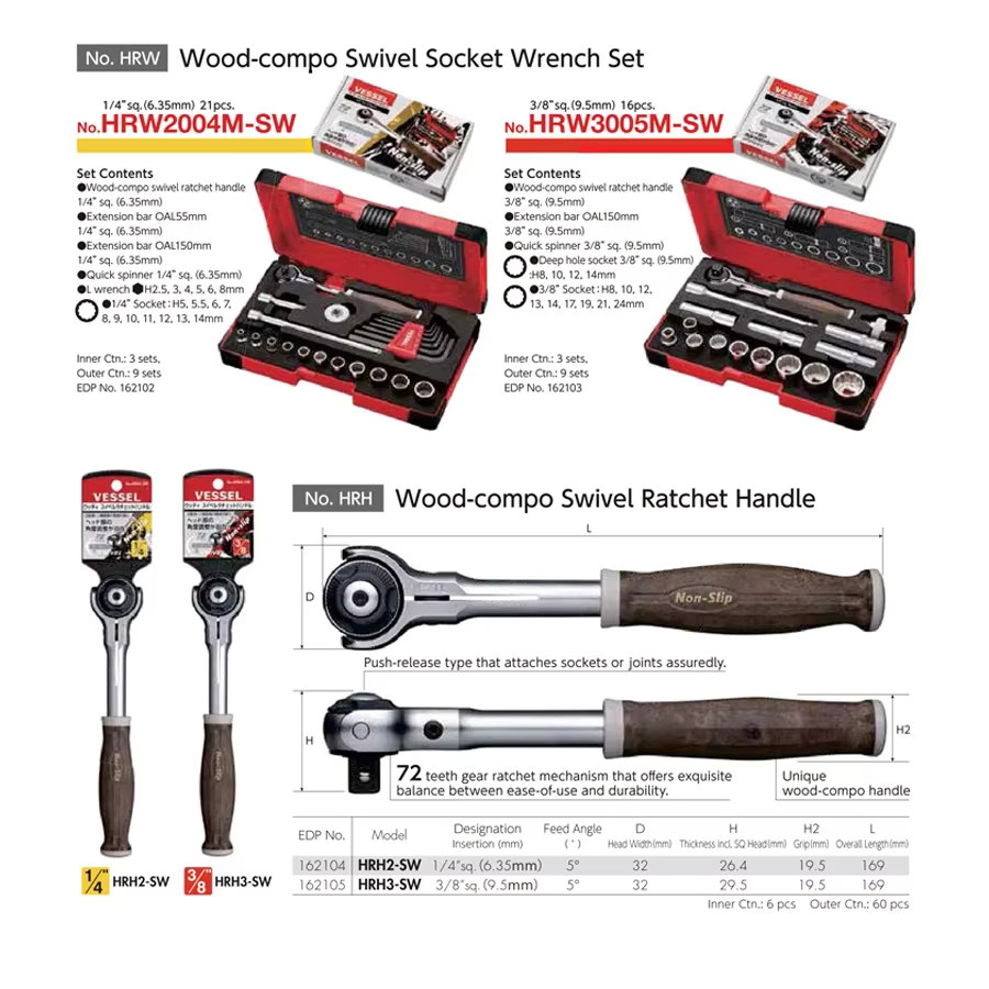 VESSEL Dreh-Ratschen-Steckschlüssel-Set mit japanischer Holzkomposition in Weiß oder Schwarz, 3/8 Zoll und 1/4 Zoll - Bild 3