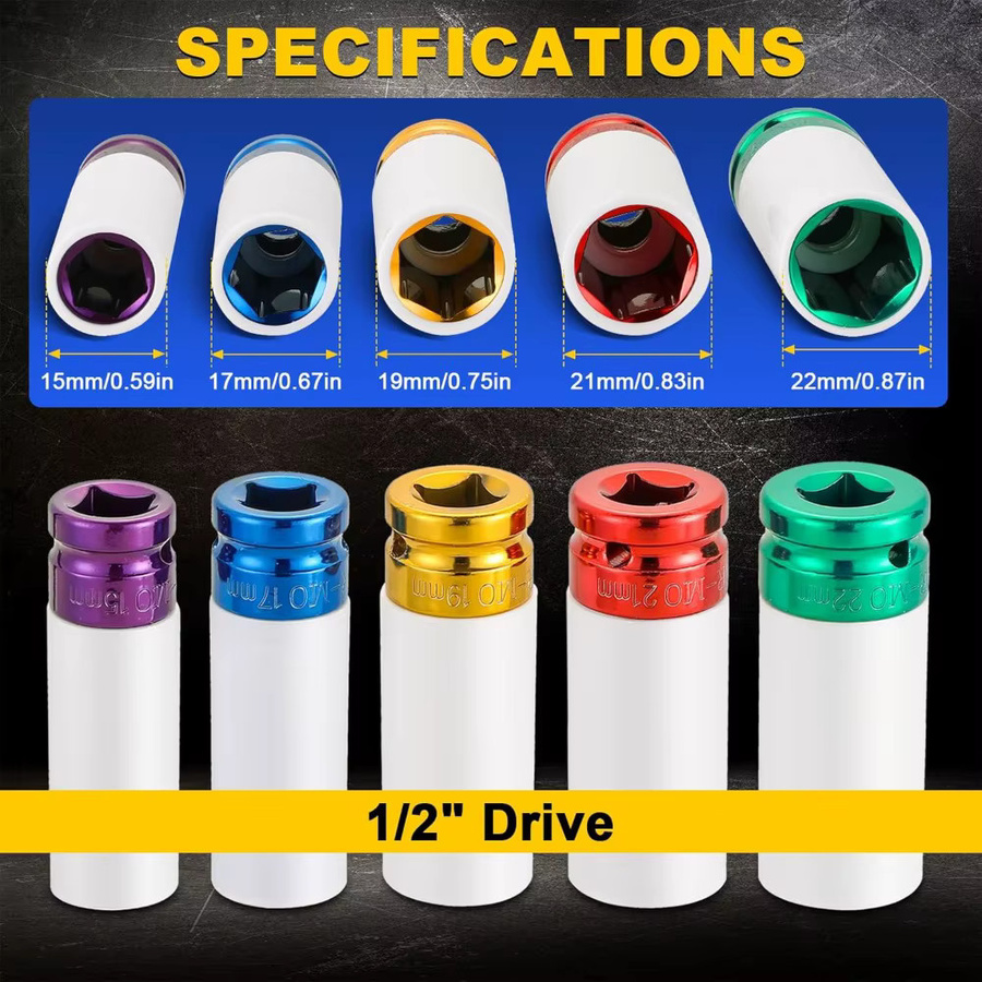Radmuttern-Schlagschlüsselsatz mit 1/2 Zoll Antrieb, dünnwandige tiefe Radmutternschlüssel mit Radmutternschutz, 6-kant, metrisch 15mm-27mm, Multicolor - Bild 2