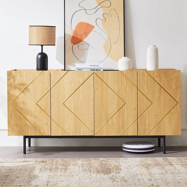 Flieks Sideboard Küchenschrank mit 4 Türen und Metall-Inlay in Naturholz Braun, B/T/H: 160 x 40 x 78 cm - Bild 1
